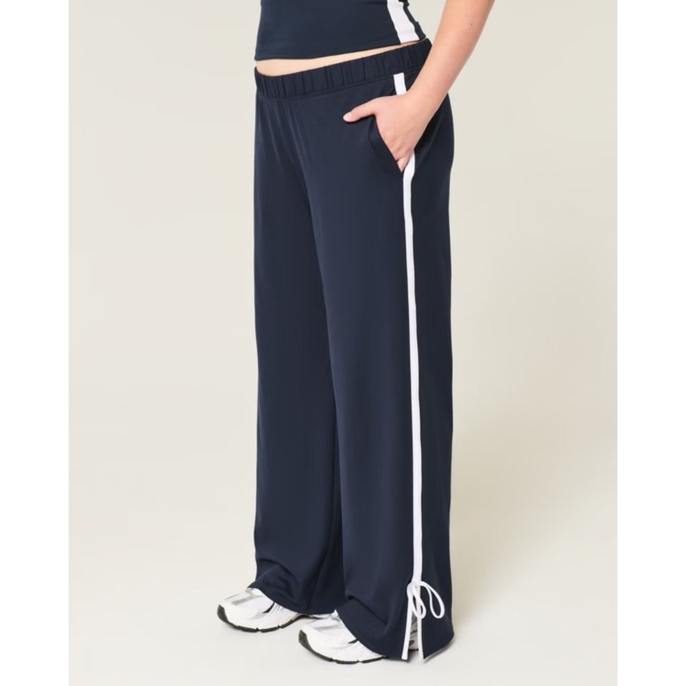 Gilly Hicks Recharge Navy Blue Wide Leg Track Pants White Side Stripe Bows L